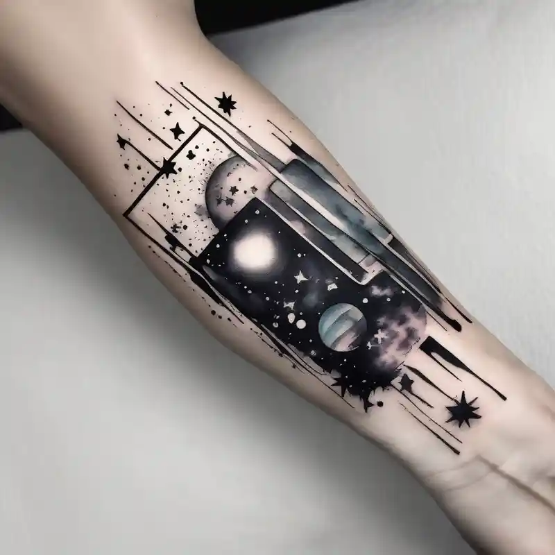 I wanna a tattoo in my wrist with a shape of rectangle wide as a bracelet with astronomy theme galaxy planets and stars like – Watercolor, Black and white